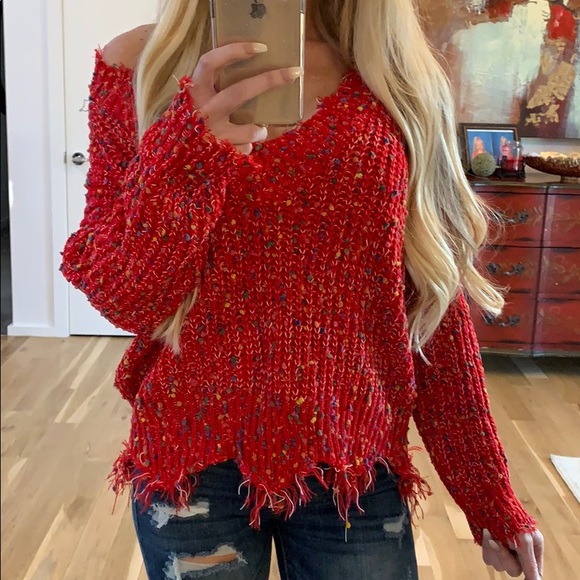 Red V-Neck Distressed Sweater - Picture 4 of 7